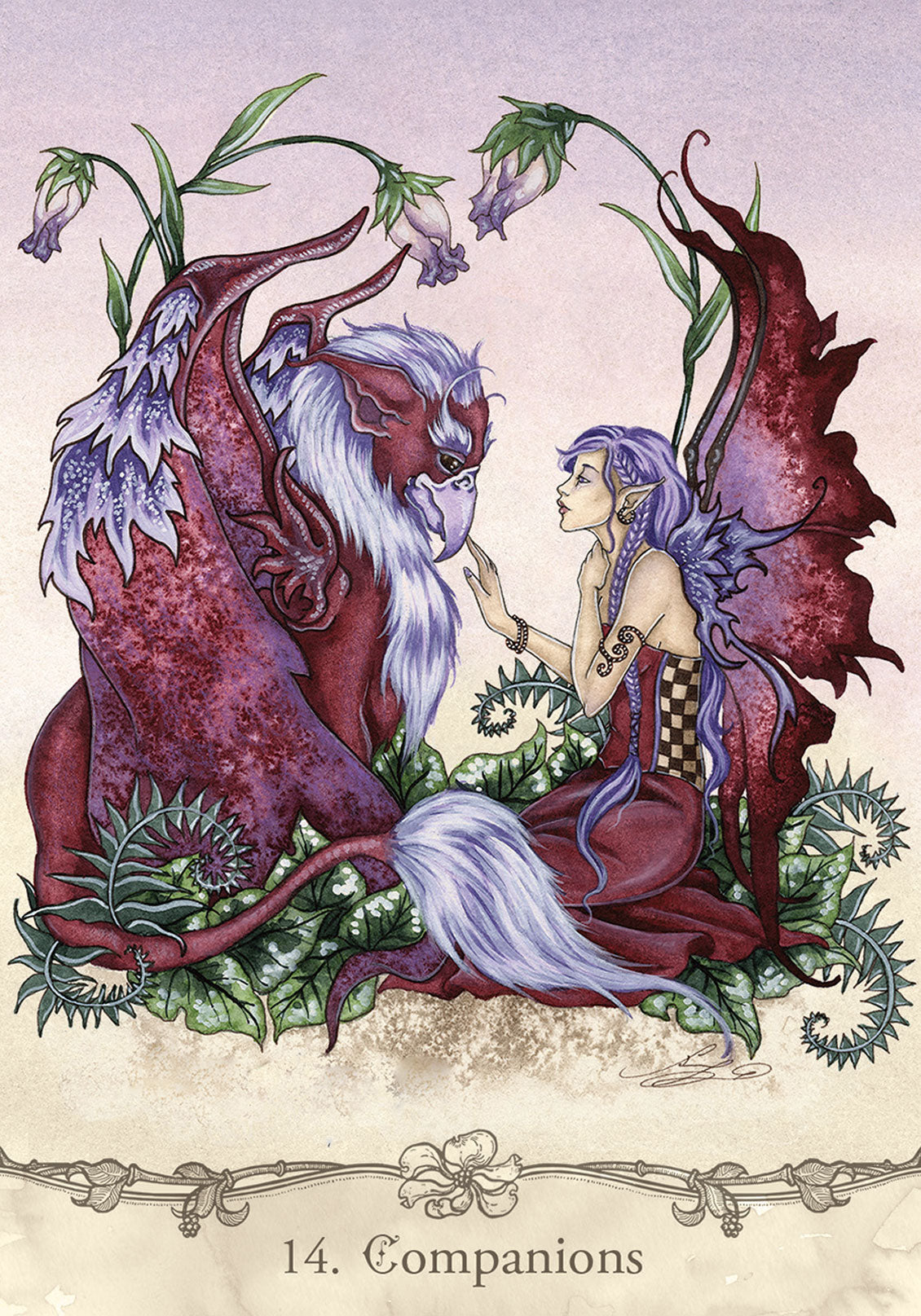 Card example "14. Companions" - maroon fairy and gryphon friend sharing a moment under the flowers