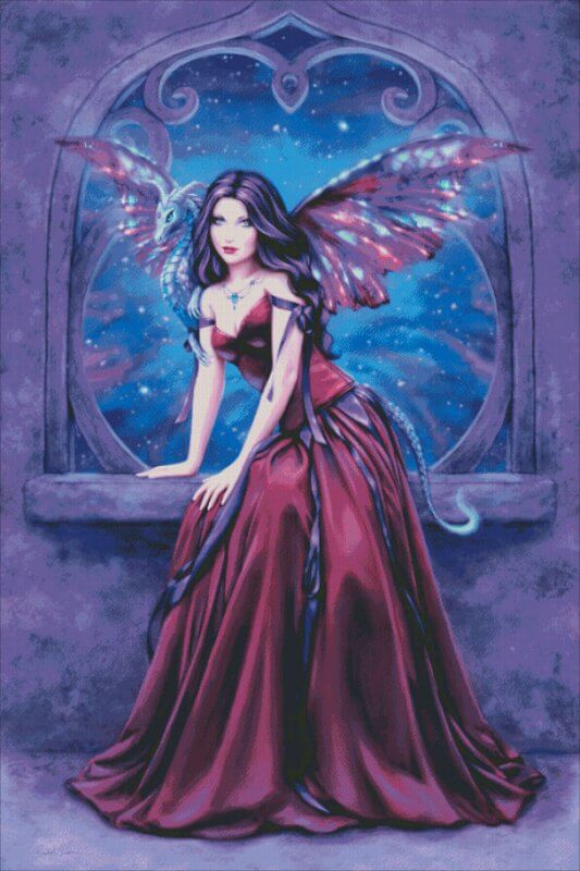This lovely artwork by Rachel Anderson shows off a pixie in purple! The fairy has a rich deep grape colored dress, and violet and blue wings to match. She perches in front of a gothic archway looking out into the heavens. Cross stitch mockup