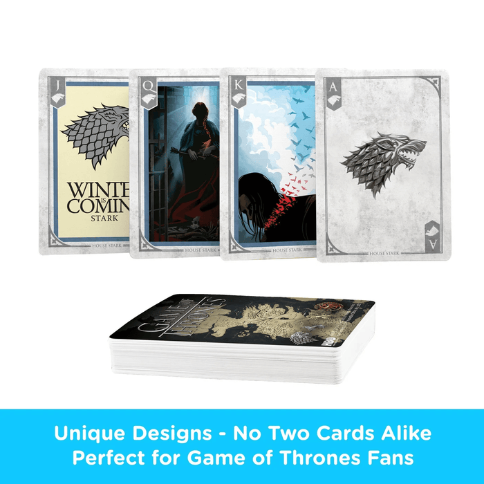 Cards in Game of Thrones playing cards, Stark suit showing Jack, Queen, King, and Ace with direwolf and Stark House theme