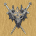 Armored dragon head with swords hung on a wood wall
