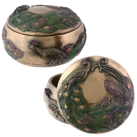 Round box with peacock art nouveau design on lid and sides