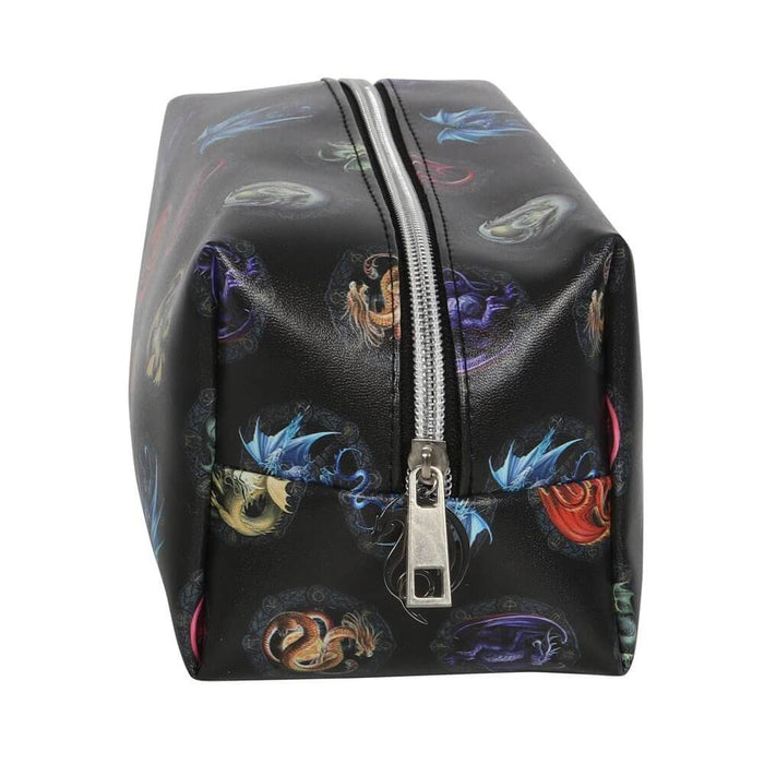 Side view of the silver zipper on the black dragon makeup bag