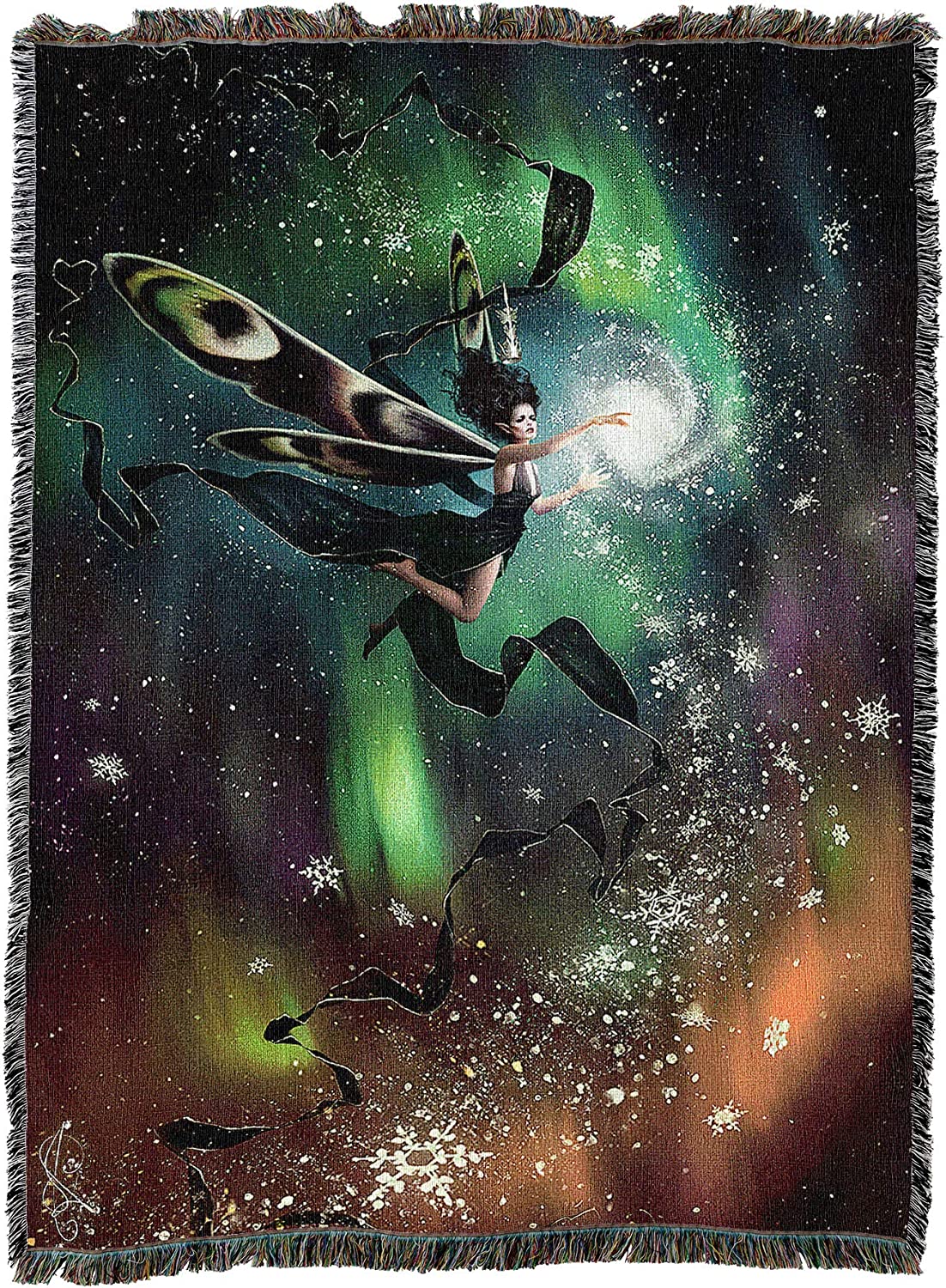 A fairy flies through the Northern Lights casting snow spells on this tapestry throw blanket