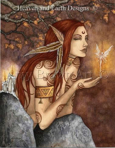 Artwork by Amy Brown featuring a forest spirit with elf ears and auburn hair conversing with a small glowing pixie. Candles ar elit on the rock next to the tattooed elf and an autumn tree has a few leaves left in the background.