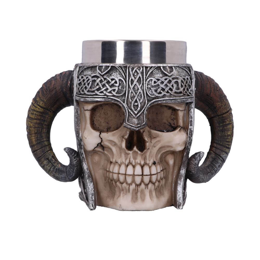 Norse Viking Skull tankard with curling horns and Celtic knotwork. Stainless steel insert is removable.