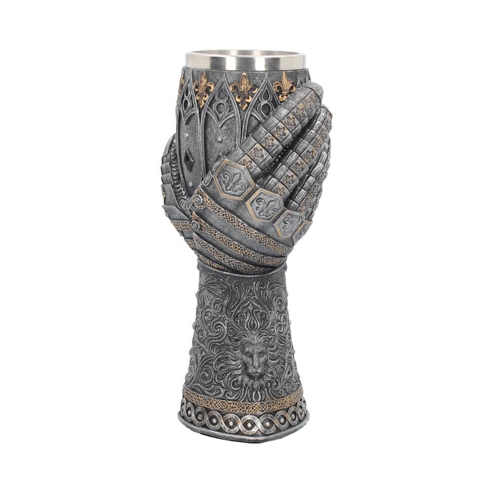 Gauntlet goblet in faux metal - silver with gold accents. Lion and Fleur de Lis motif with removable stainless steel insert