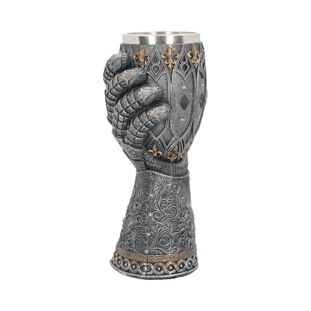 Gauntlet goblet in faux metal - silver with gold accents. Lion and Fleur de Lis motif with removable stainless steel insert