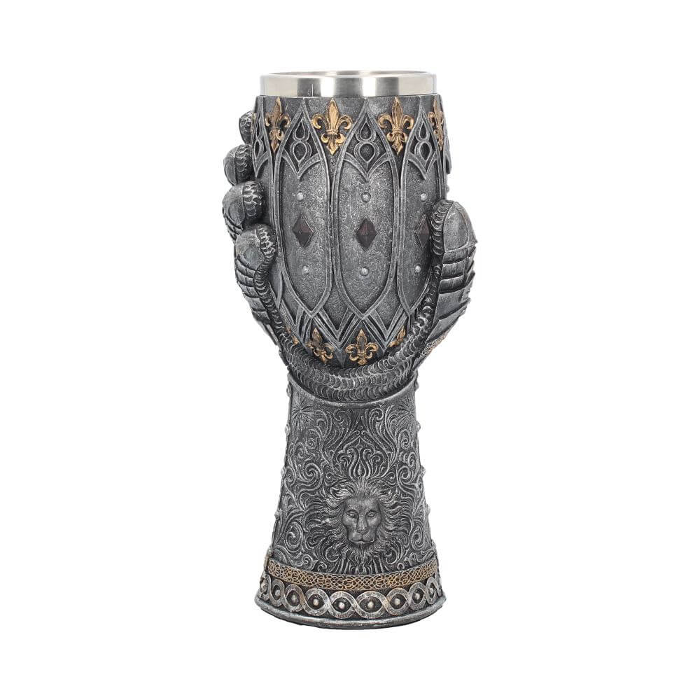 Gauntlet goblet in faux metal - silver with gold accents. Lion and Fleur de Lis motif with removable stainless steel insert