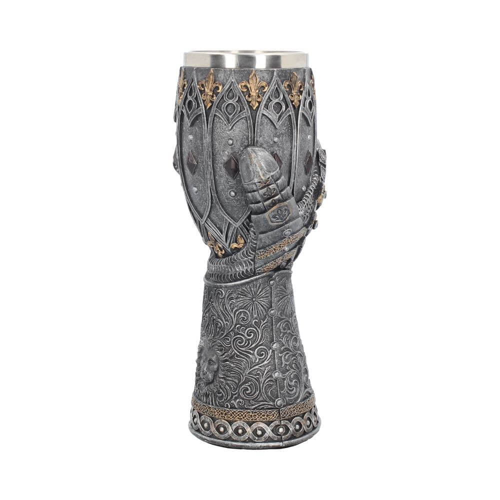 Gauntlet goblet in faux metal - silver with gold accents. Lion and Fleur de Lis motif with removable stainless steel insert