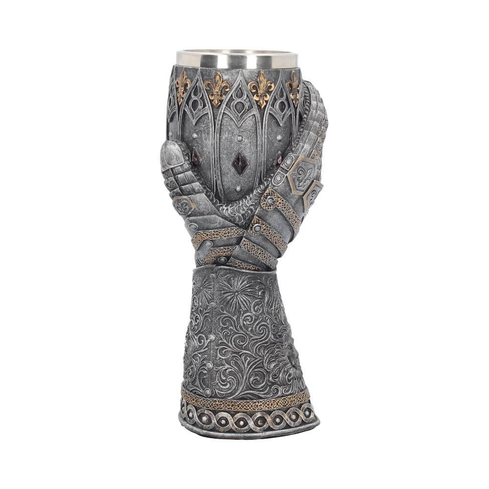 Gauntlet goblet in faux metal - silver with gold accents. Lion and Fleur de Lis motif with removable stainless steel insert