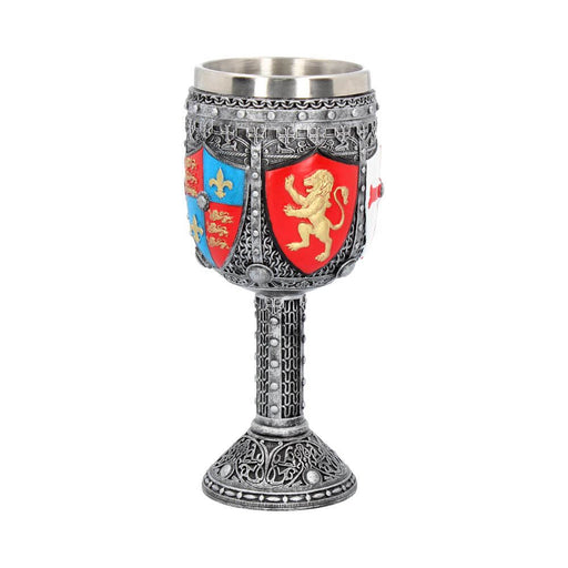 Chalice goblet with English shields design, showing Fleur de Lis and Lion crests