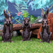 See, Hear, Speak No Evil rabbits shown in a forest setting