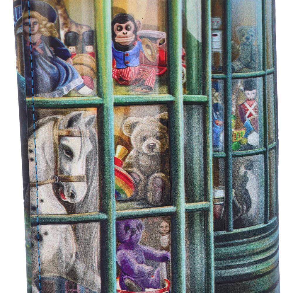 Closeup of the toy shop windows with toys inside