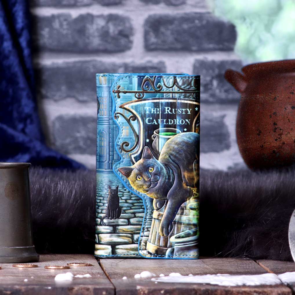 The Rusty Cauldron wallet shown on display in a medieval setting