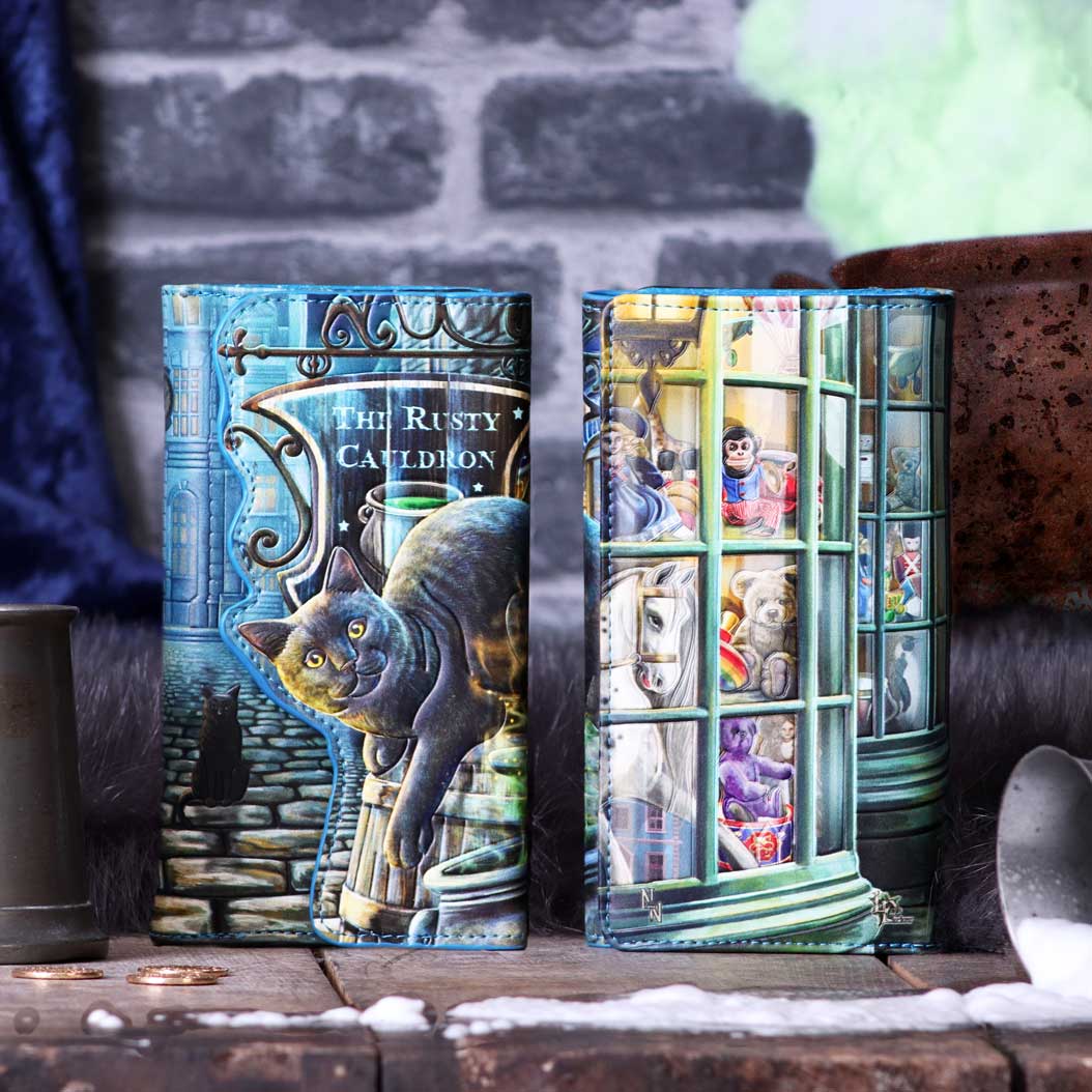 Front and back views of the Rusty Cauldron black cat wallet, with cats on the front and toy shop on the back
