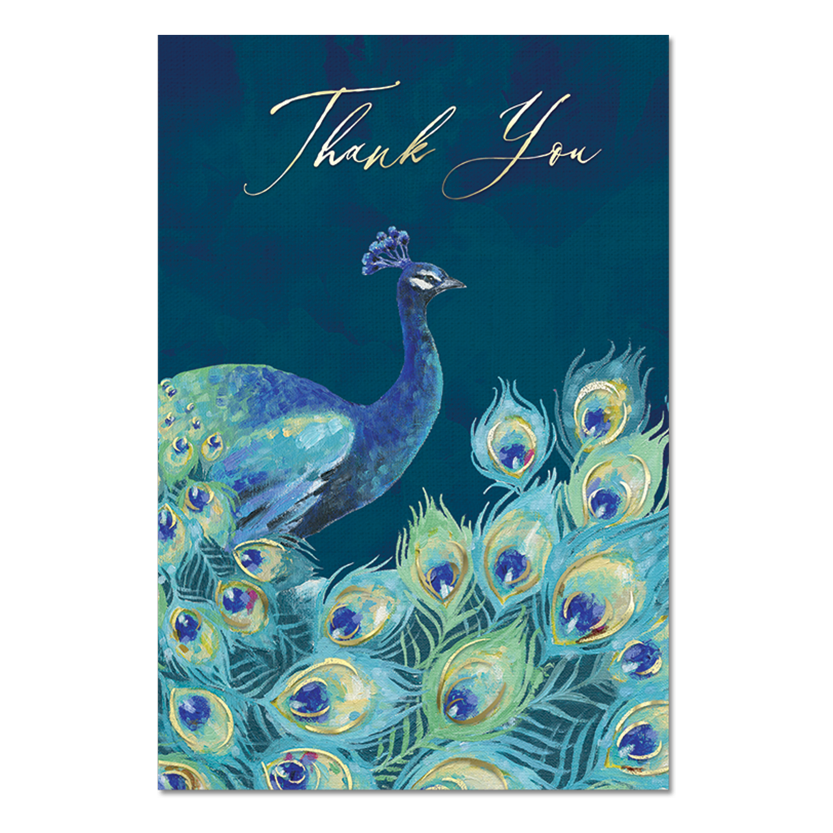 Card with "Thank You" in gold foil and blue & aqua peacock bird
