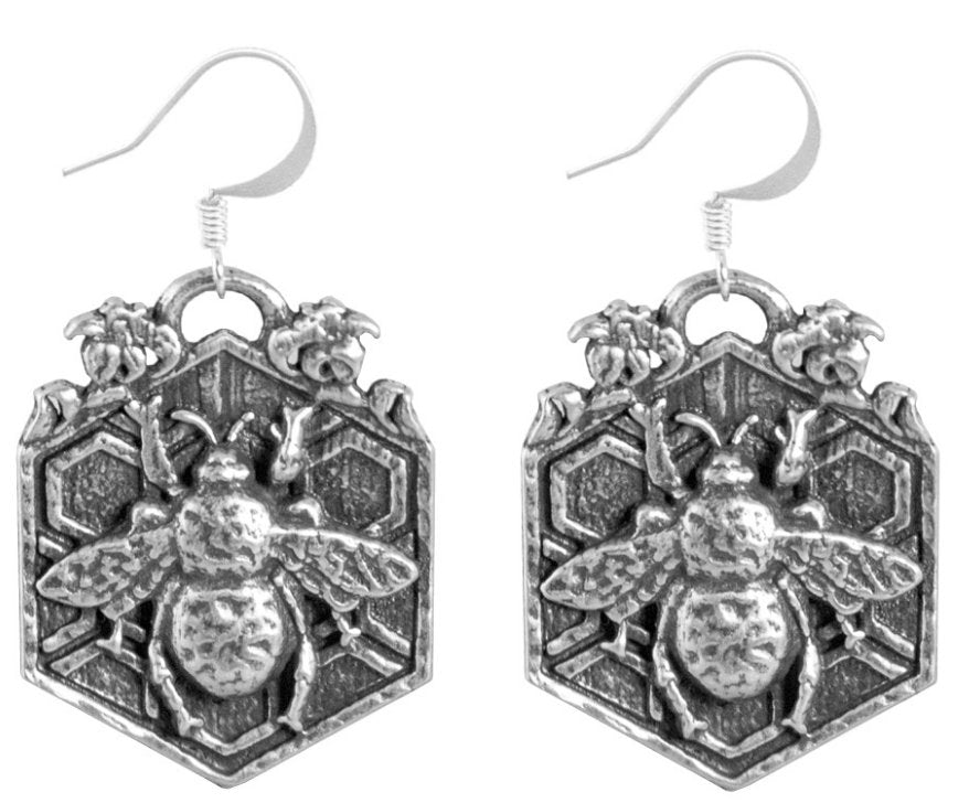 Pewter earring pair with bees on honeycombs
