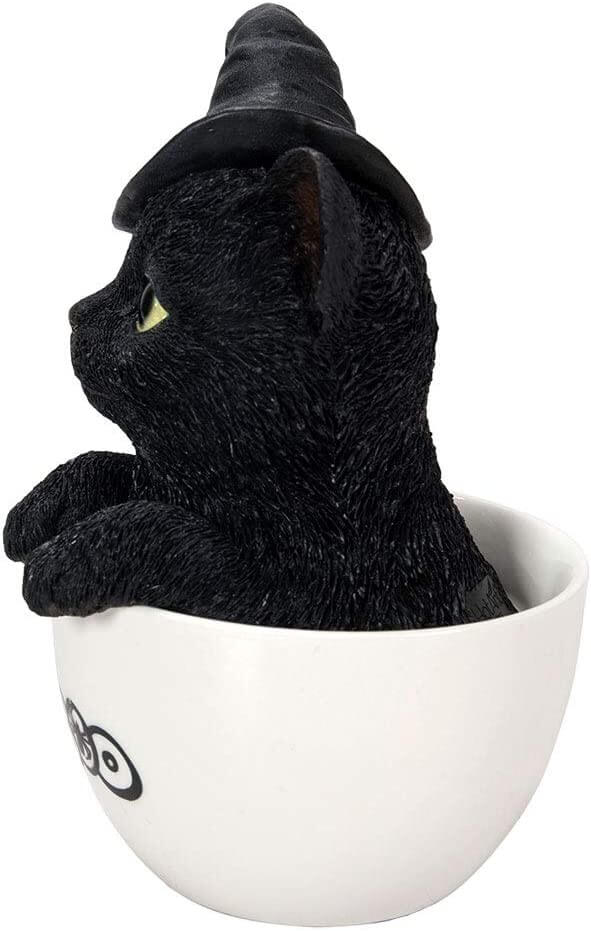 Black kitten in a white teacup. Cat wears a witch hat . Side view