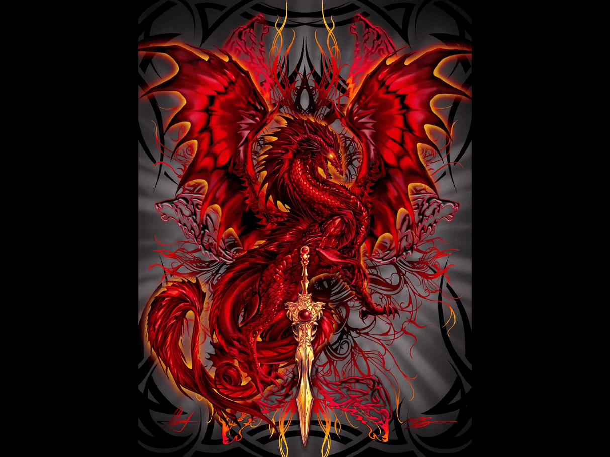 Red dragon posing with gold sword, surrounded by tendrils and tribal designs on a gray-black background. Art by Ruth Thompson