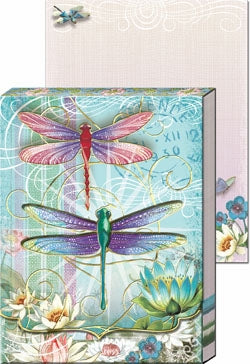 Pocket notepad, cover shows pink and blue dragonflies on pond lily background