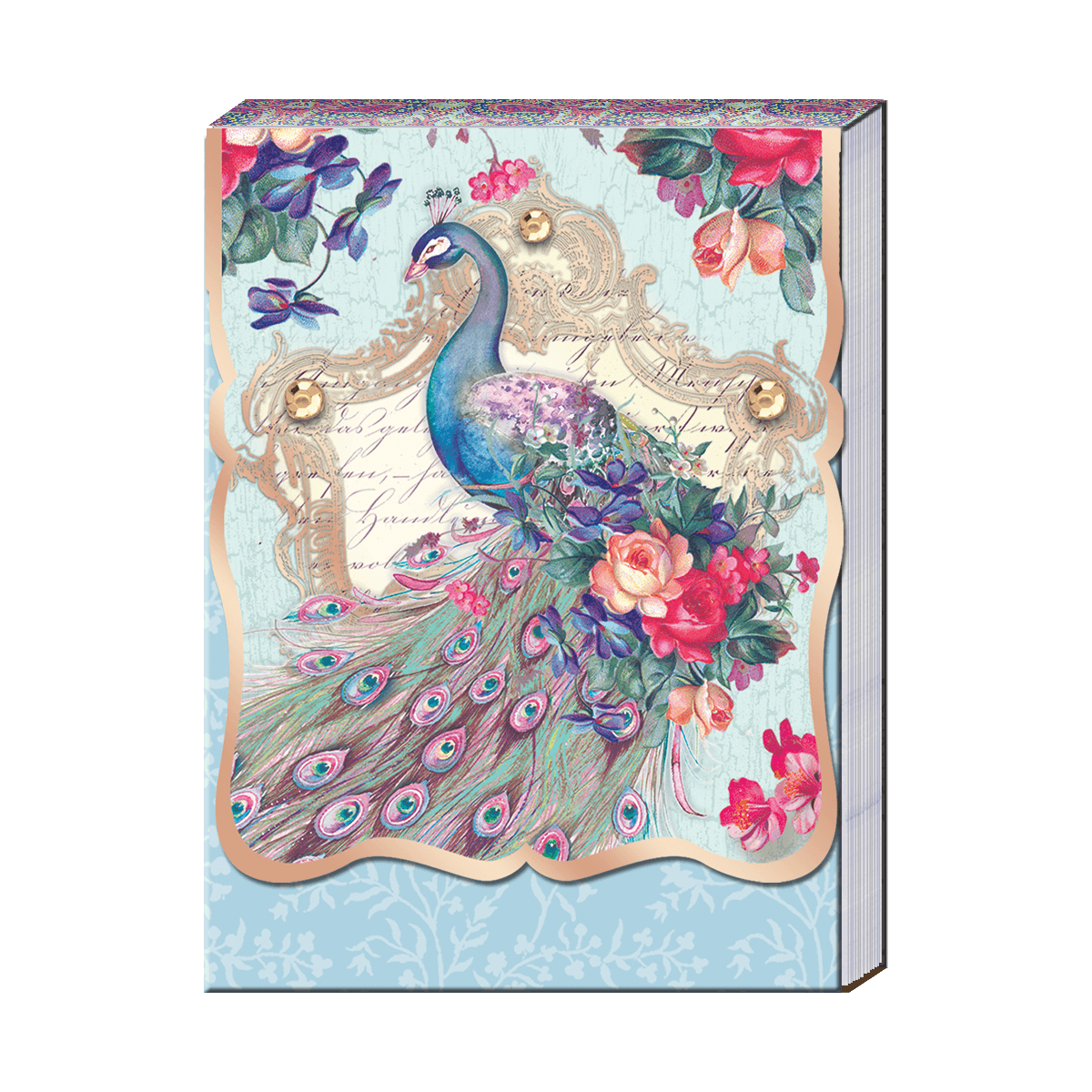 Pocket notepad with peacock and flowers on cover, accented with gems