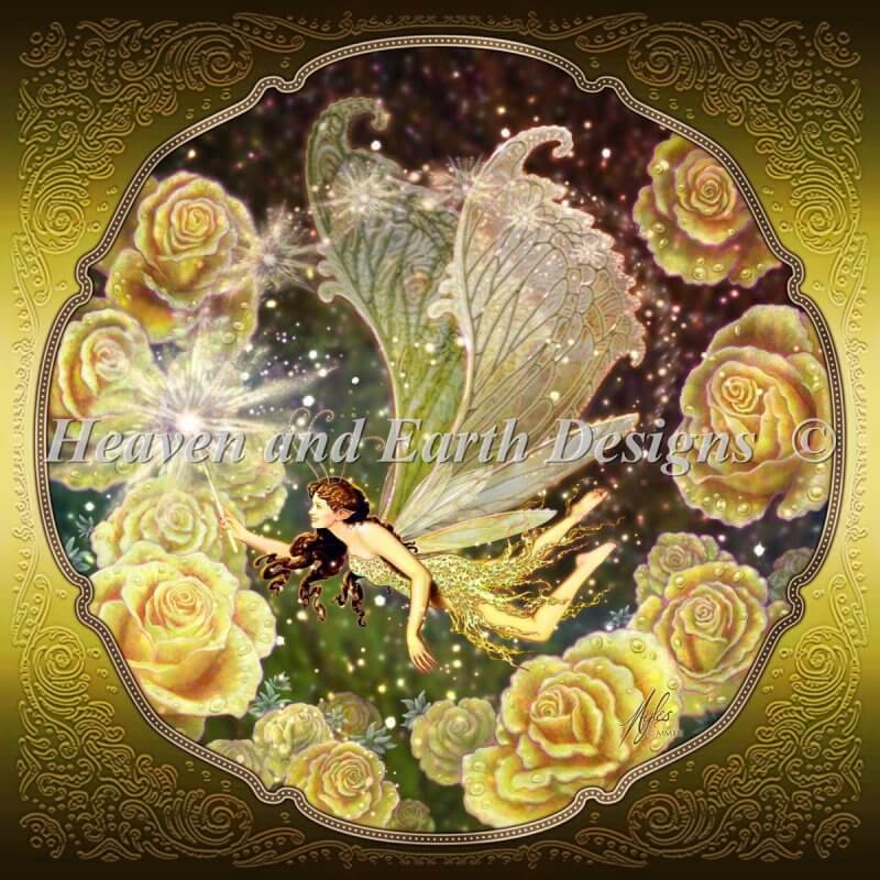 The art shows off a fairy surrounded by golden yellow roses. The pixie has elaborate wings and is surrounded by the sparkles that emanate from her magic wand. Art by Myles Pinkney