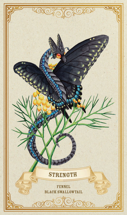 Card example for Strength, Fennel plant with Black Swallowtail butterfly dragon