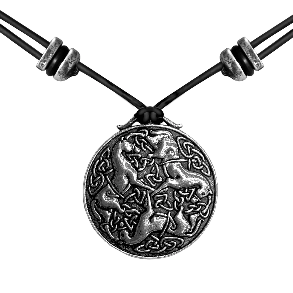 Celtic Horse knot necklace on a leather thong featuring three horses woven into the knotwork