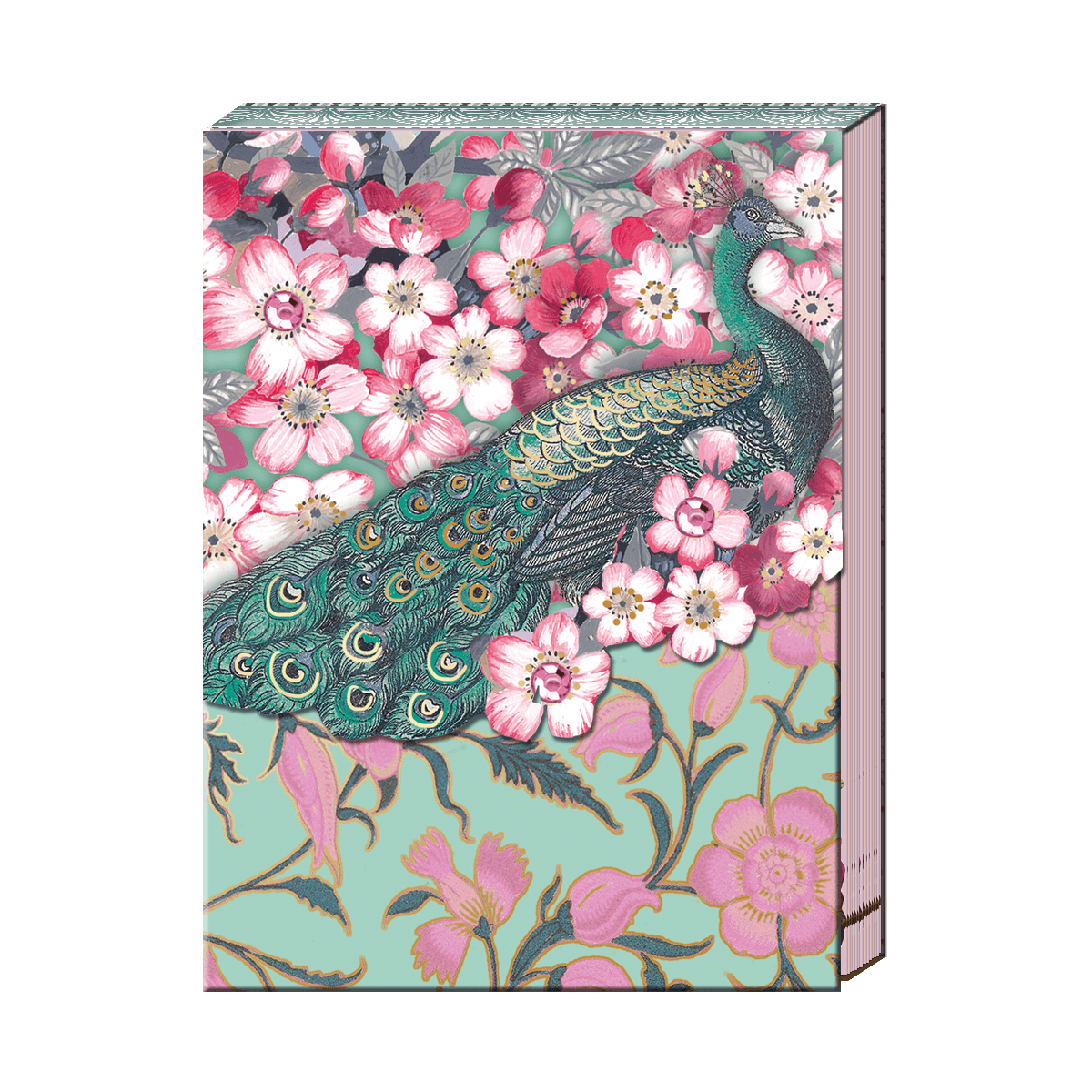Pocket notebook with pink cherry blossoms and teal peacock, accented with gems