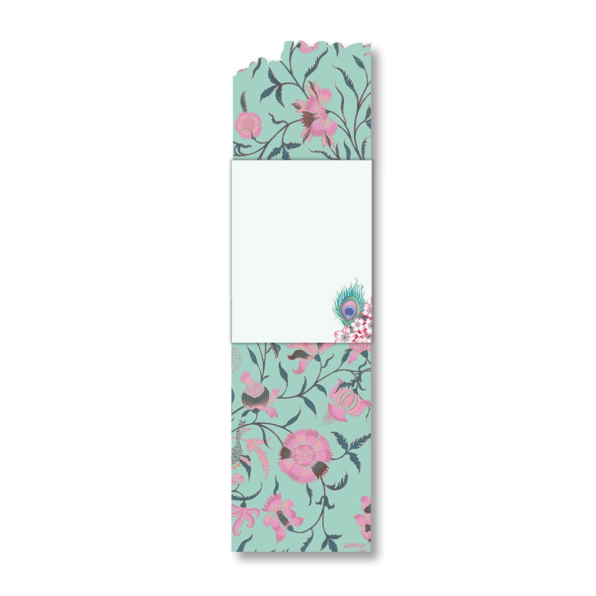 Pocket notepad open, paper has peacock feather motif