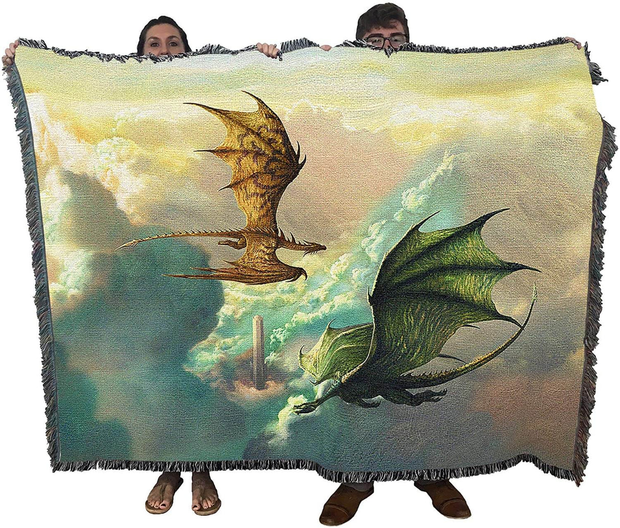 Clouds Tower dragon tapestry blanket, held up by two adults to show size