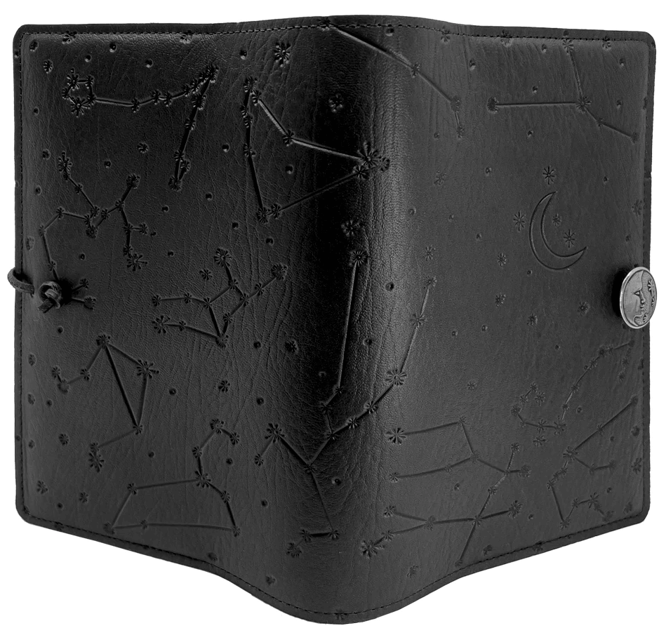 Black leather constellations journal showing wrap-around star design