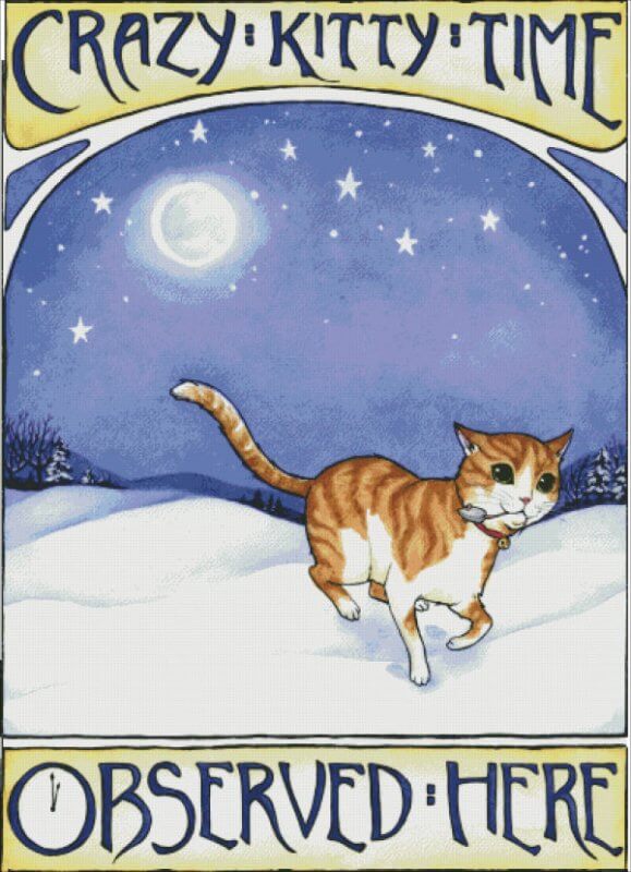 Mockup of cross stitch, art by Meredith Dillman. "Crazy Kitty Time Observed Here" it reads, and in the center is an image of an orange and white tabby dashing across the snow, mousey toy in mouth.