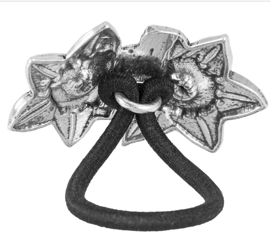 Back of the pewter daffodil ponytail holder