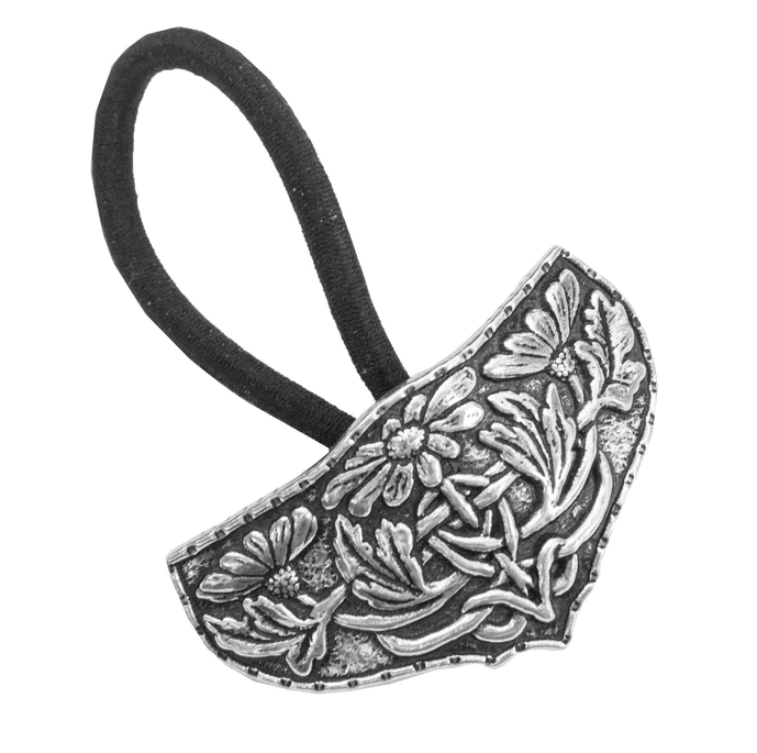 Pewter daisy medallion on an ouchless hair band ponytail holder