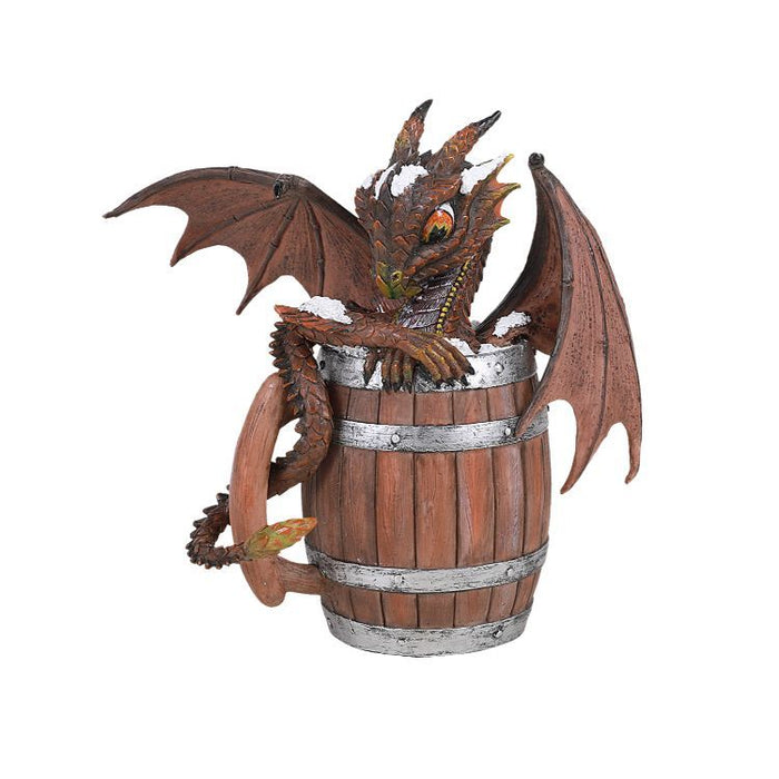Brown dragon sitting in a keg of beer