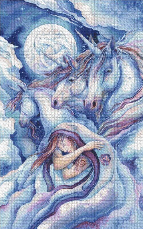 Cross stitch Mockup by Jody Bergsma - The image features a trio of gorgeous unicorns in front of a full moon, decorated with a horseshoe Celtic knot pattern. In the foreground, the dreamer slumbers on, wrapped in clouds.