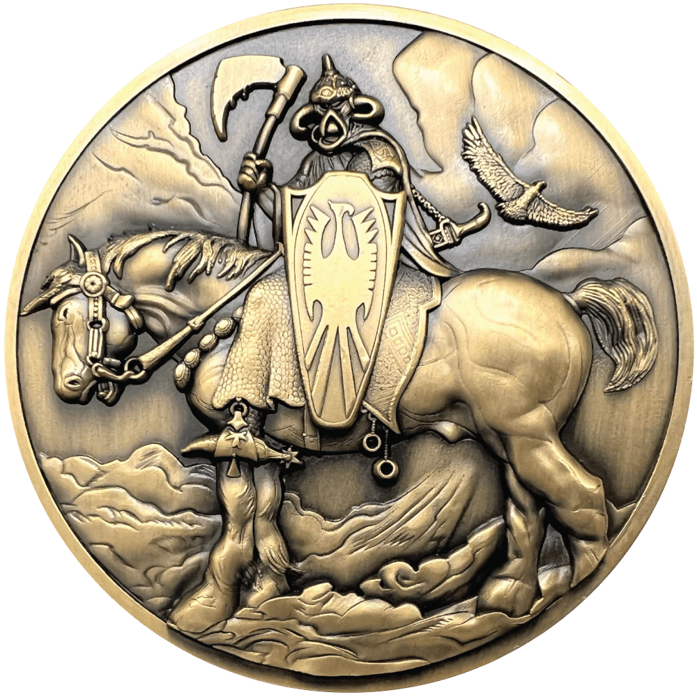 Frank Frazetta's Death Dealer collectible coin showing warrior on horse with axe and shield
