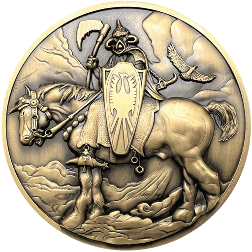 Frank Frazetta's Death Dealer collectible coin showing warrior on horse with axe and shield