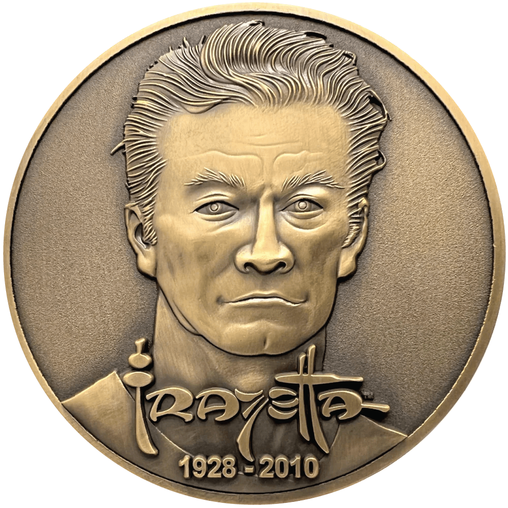 Back of Frank Frazetta collectible coin showing artist self portait and signature