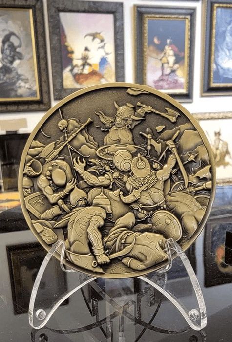 Destroyer collectible coin shown in front of artwork