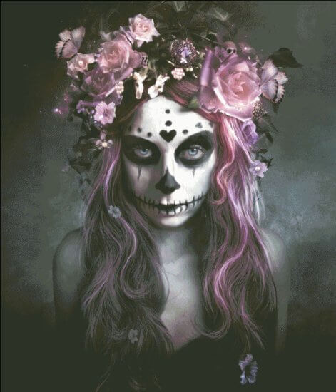 A spooky woman, adorned for the Day of the Dead. She has pink hair laden with flowers and a skull face. Art by Alexandra V. Bach.
