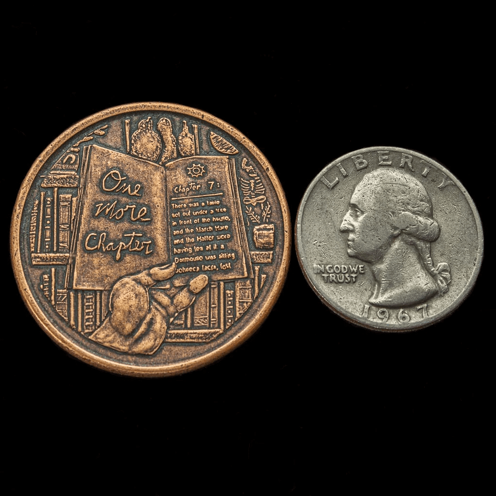 Book Lover Decision Maker coin shown with a quarter for scale. Copper coin is larger.