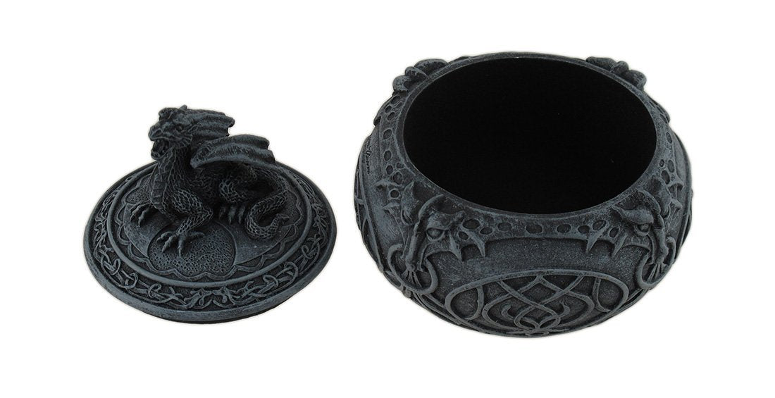 Round dragon trinket box shown with the lid off