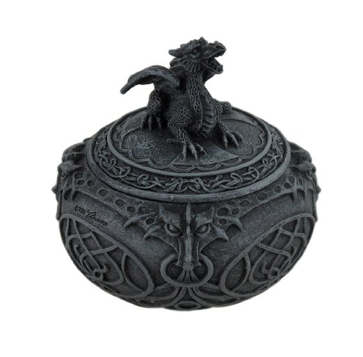 Trinket box with a dragon on the lid and Gothic designs around the outside