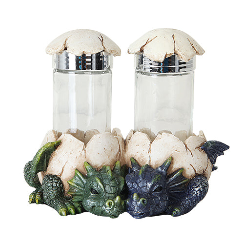 Green and blue dragons hatching out of eggs salt and pepper shakers