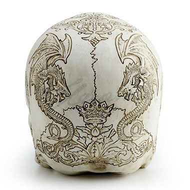Back view of Skull with dragon and thistle engravings