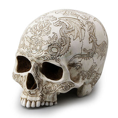 Side view of Skull with dragon and thistle engravings