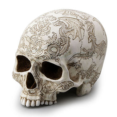 Side view of Skull with dragon and thistle engravings 
