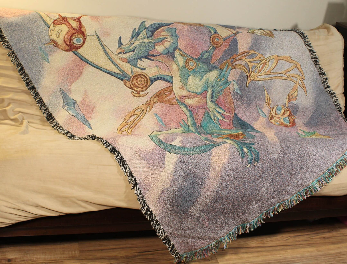 Blue steampunk dragon tapestry shown draped over a couch
